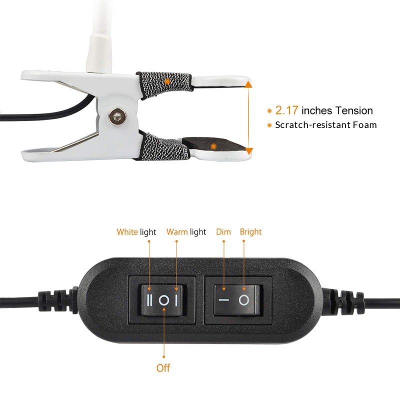 LEPOWER Clip on Light/Reading Lights/Book Light Color Changeable/Night Lights Clip on for Desk, Bed Headboard and Computers, Adapter Included (White) - Image 4